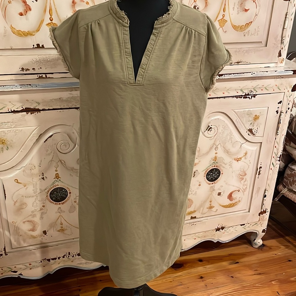 WONDERLY Casual Cotton Shift Dress XL Split Neck Frayed Cap Sleeve Green